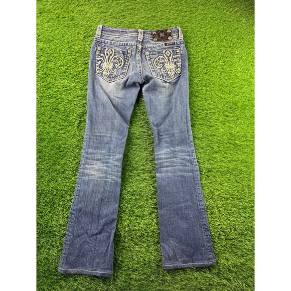 Miss Me Womens Bootcut Jeans Dark Wash Bling Stretch Low Rise Sz 25 32L Y2K Flap - Picture 2 of 13